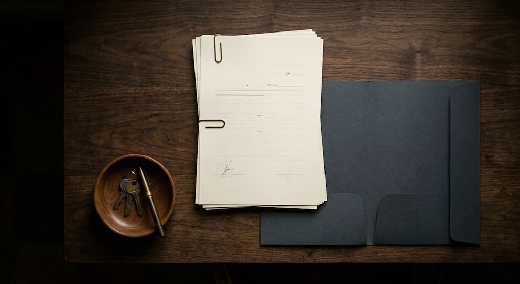 Escrituras de propiedad, llaves y una carpeta vacía sobre un escritorio