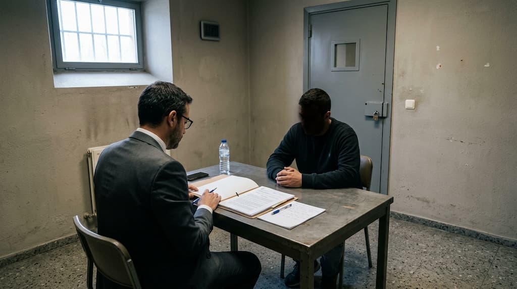 Abogado penalista reunido con su cliente en comisaría para explicarle los derechos del detenido
